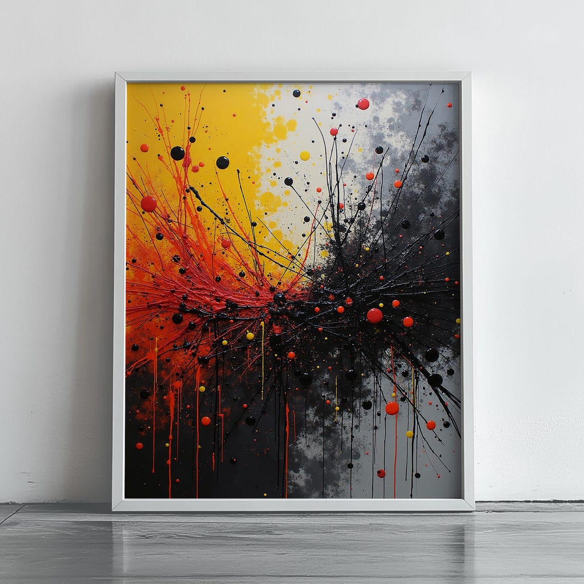 Bold Black Red Yellow Splatter Abstract Dramatic Drip Painting Poster
