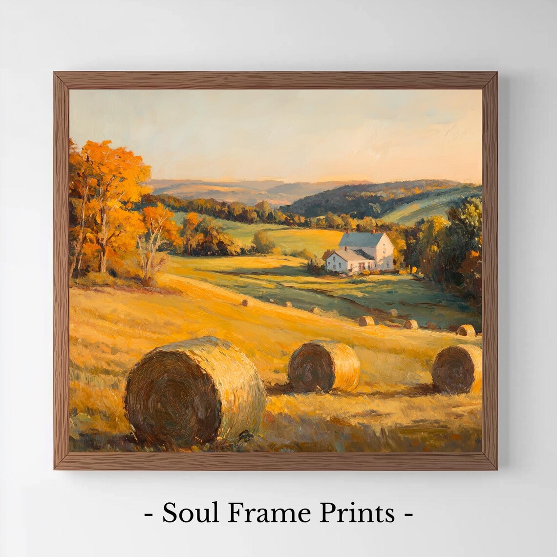 Golden Autumn Harvest Field Hay Bales Farmhouse Painting Poster