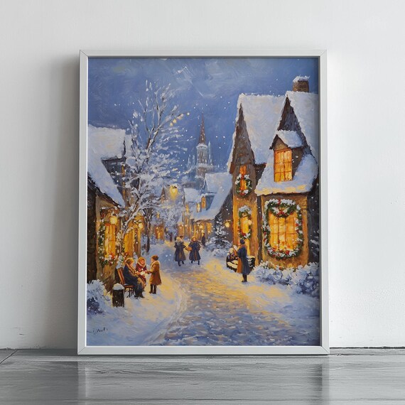 Cozy Christmas Village Street In Snow With Carolers Night Poster