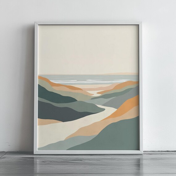 Earthy Coastal Abstract Landscape Muted Ocean Hills Minimalist Poster
