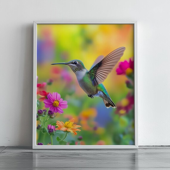 Hummingbird Wall Art Colorful Floral Nature Print Whimsical Garden Bird Spring Wildlife Decor For Home Or Nursery 184