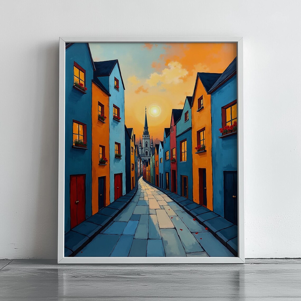 Colorful European Old Town Street Sunset Whimsical Storybook Poster