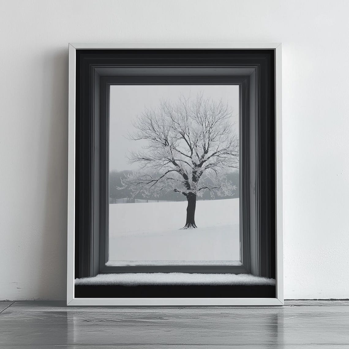 Snowy Lone Tree Through Frosty Window Monochrome Winter Poster