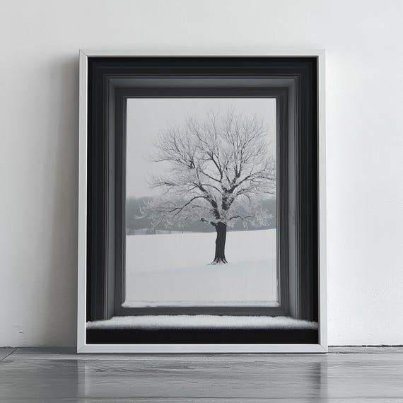 Minimalist Grayscale Winter Scene Snowy Tree Landscape Art Monochrome Wall Decor Rustic Painting Print 356