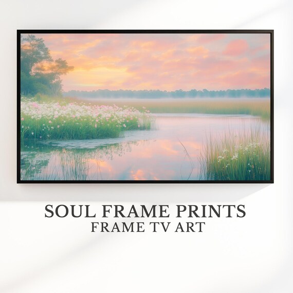 Pastel Lowcountry Marsh Wildflowers Sunset Glow Scenic Frame TV Art Print