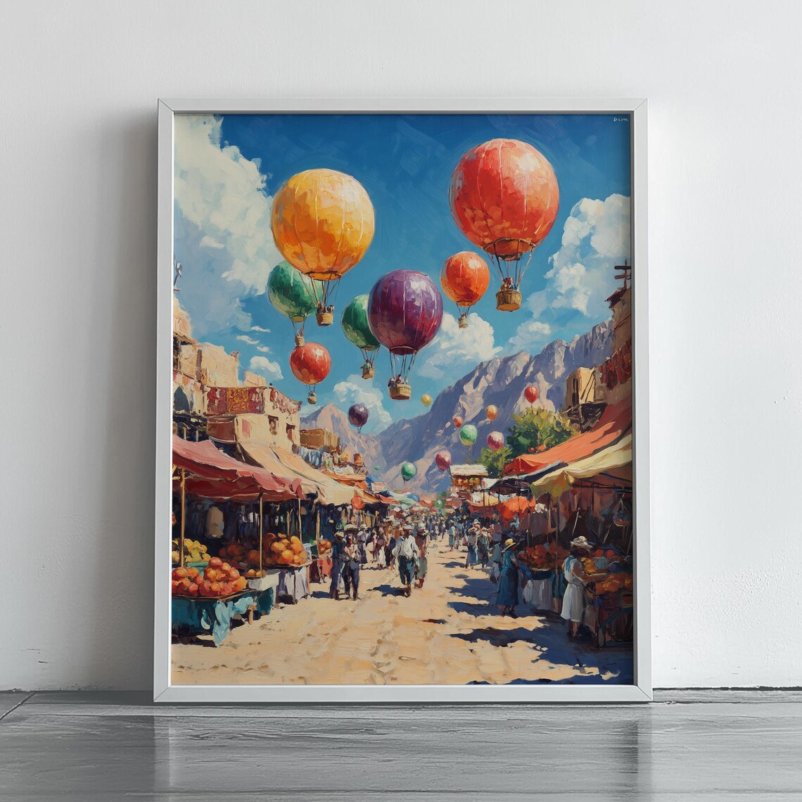 Hot Air Balloons Over Desert Market Town Colorful Oil Painting Poster