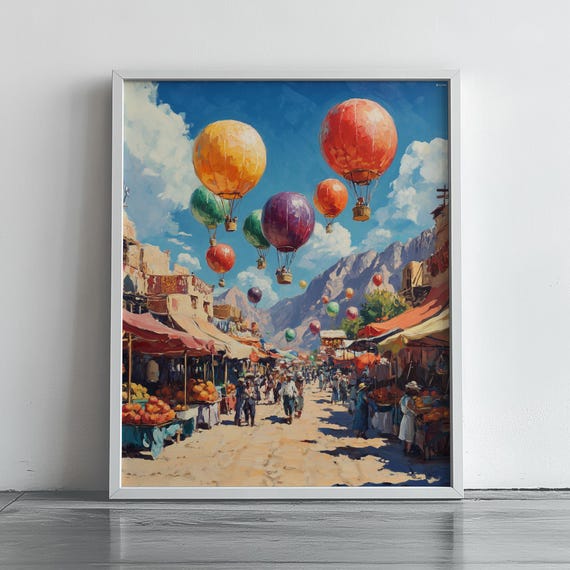 Hot Air Balloons Over Desert Market Wall Art Whimsical Decor Summer Scene Surreal Marketplace With Floating Fruits 315