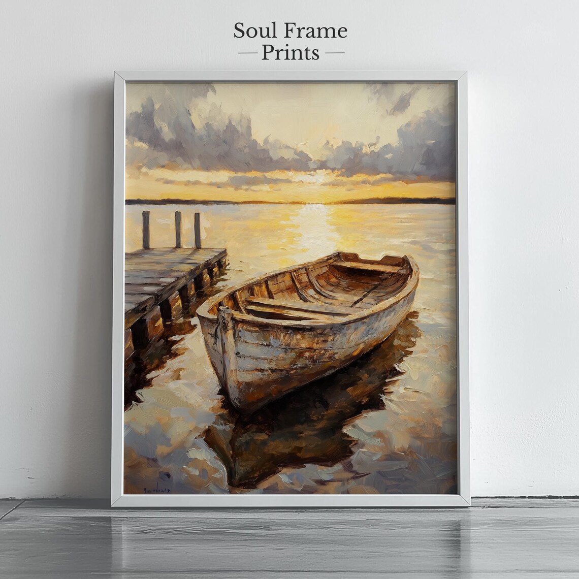 Rustic Rowboat At A Wooden Dock Golden Sunset Painting Poster