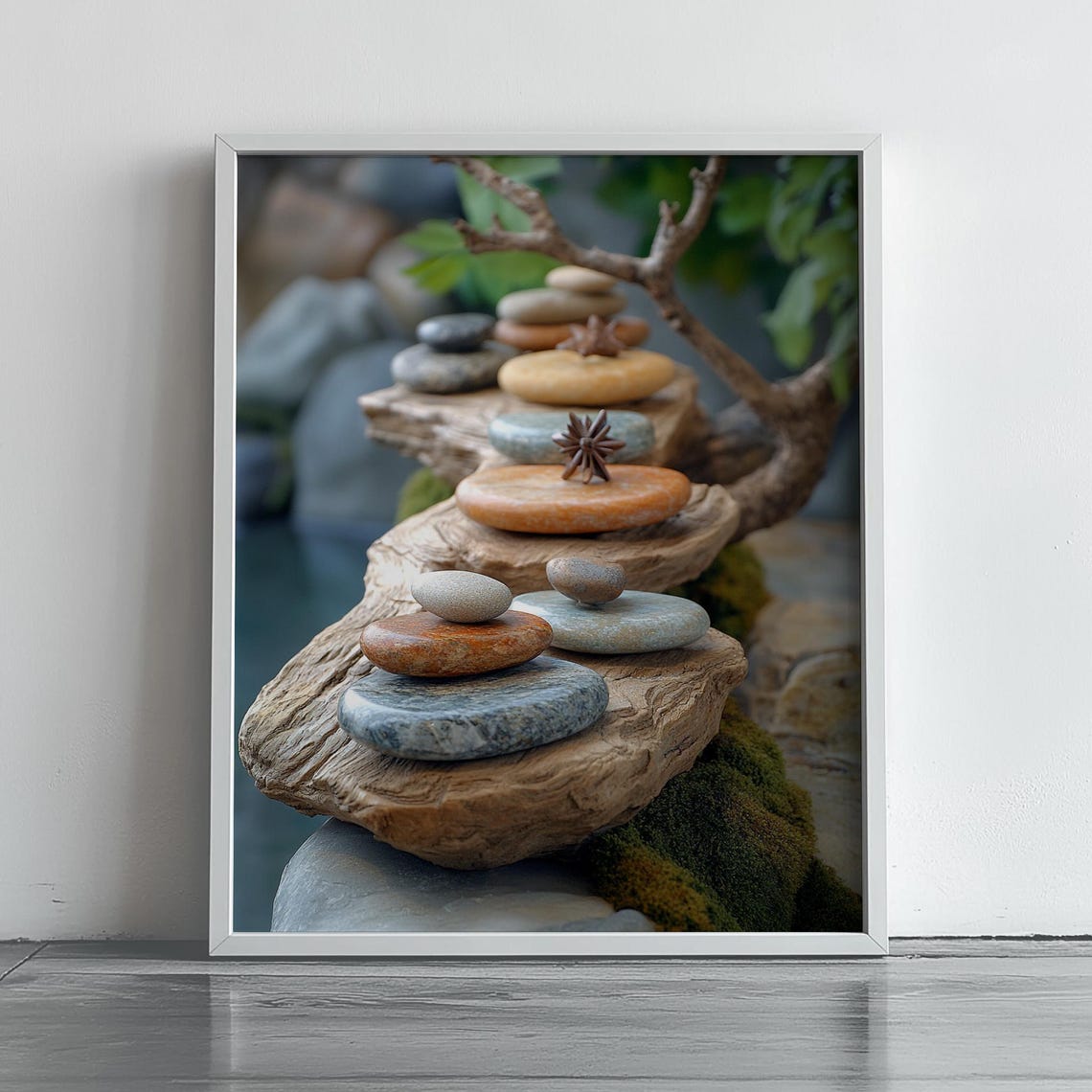 Zen Stepping Stone Path On Driftwood With Bonsai Branch Spa Poster