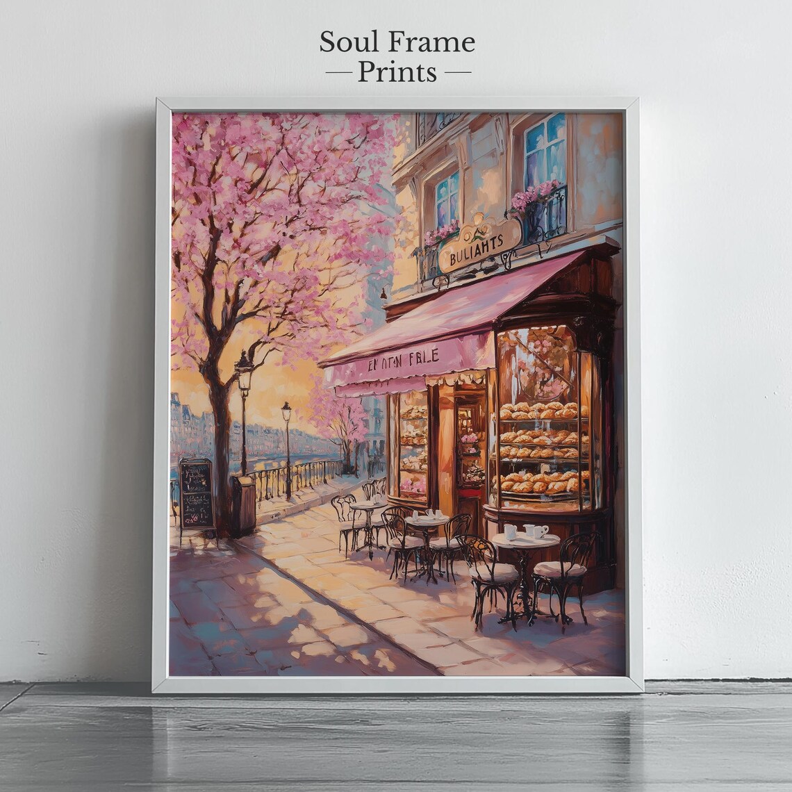 Parisian Cafe At Sunrise With Cherry Blossoms Painting Poster