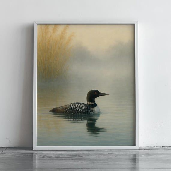 Tranquil Loon On Misty Pond Serene Wildlife Art Calm Nature Scene Rustic Wall Decor Peaceful Lake Landscape Painting 237