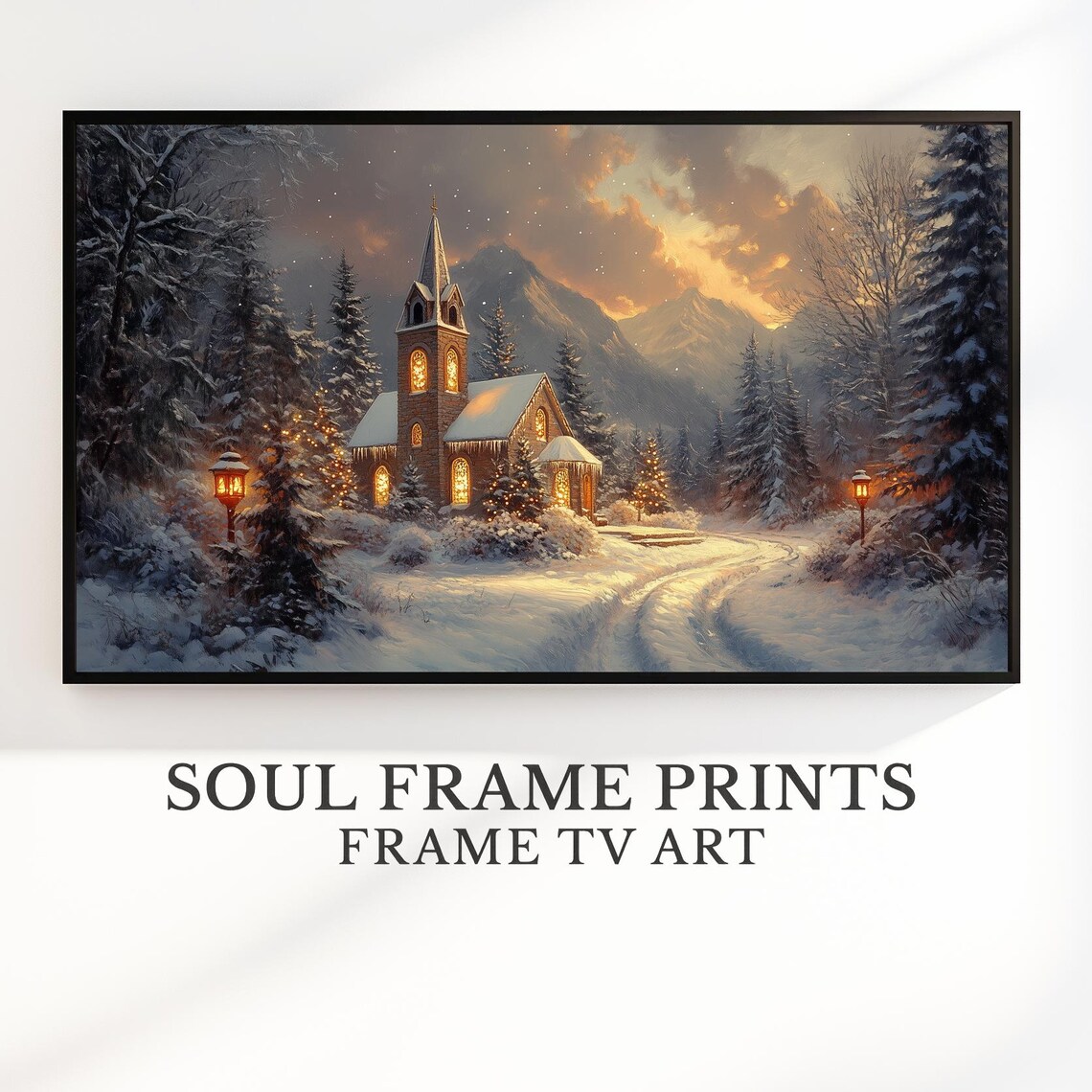 Mountain Christmas Eve Church Golden Sunset Snowy Forest Art Poster