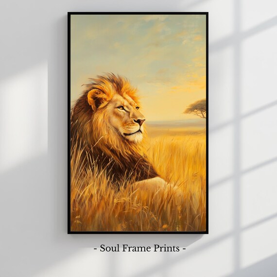 Vintage Lion Oil Painting Majestic Wildlife Art Rustic Safari Decor Regal In Savannah Wall Print 509