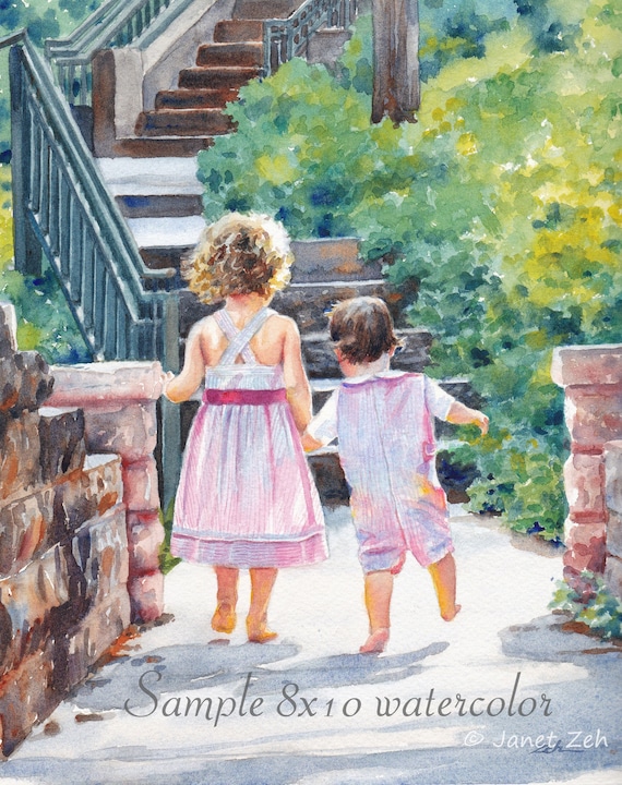 Children Climbing Garden Stairs Watercolor Painting Kids Portrait Art Poster