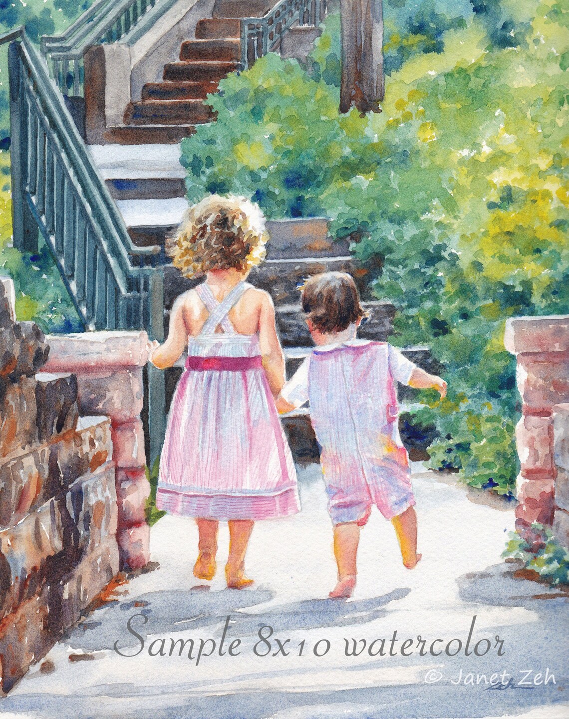 Children Climbing Garden Stairs Watercolor Painting Kids Portrait Art Poster