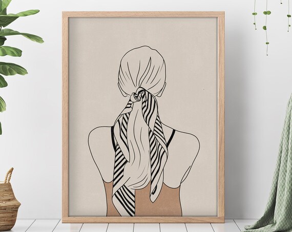 Woman with Striped Scarf Minimalist Elegant Line Drawing Art Poster