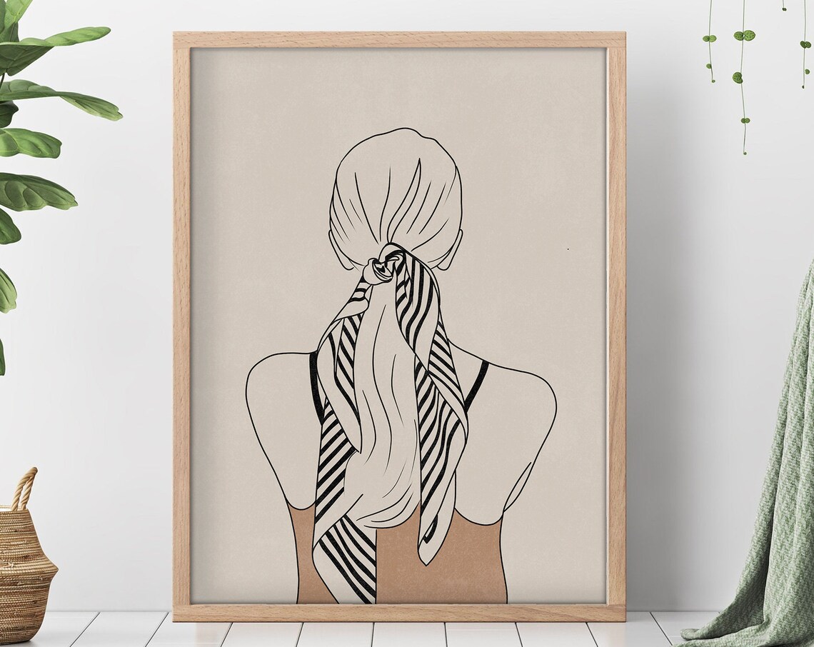 Woman with Striped Scarf Minimalist Elegant Line Drawing Art Poster