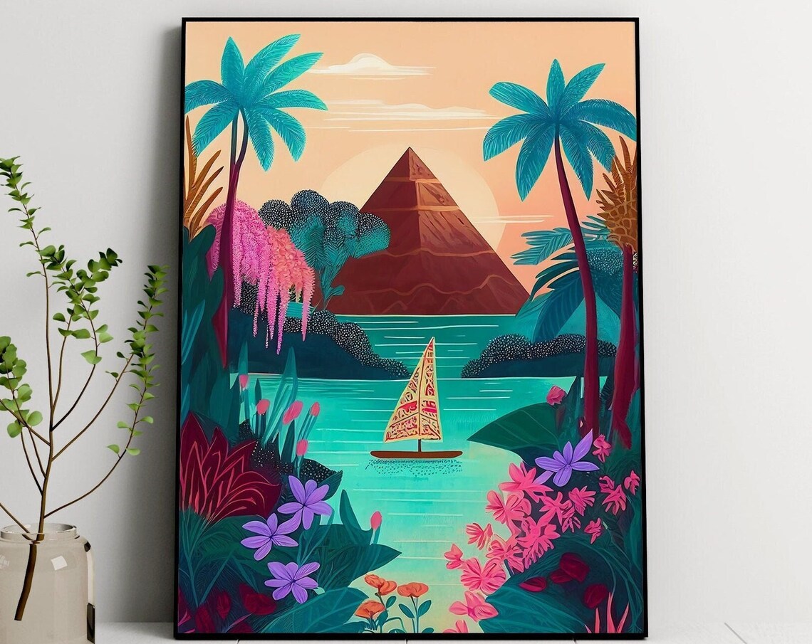 Nile River Pyramid Art Print, Egyptian Travel Illustration
