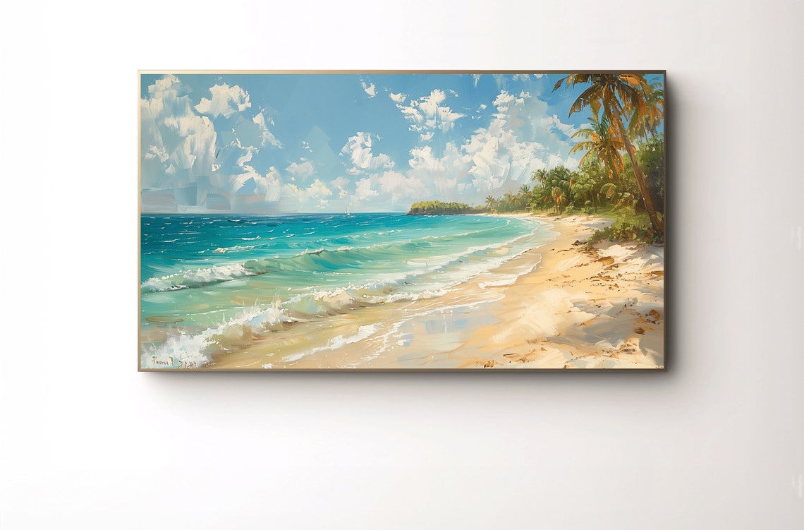 Sunny Tropical Palm Beach Ocean Painting Print with Sailboat