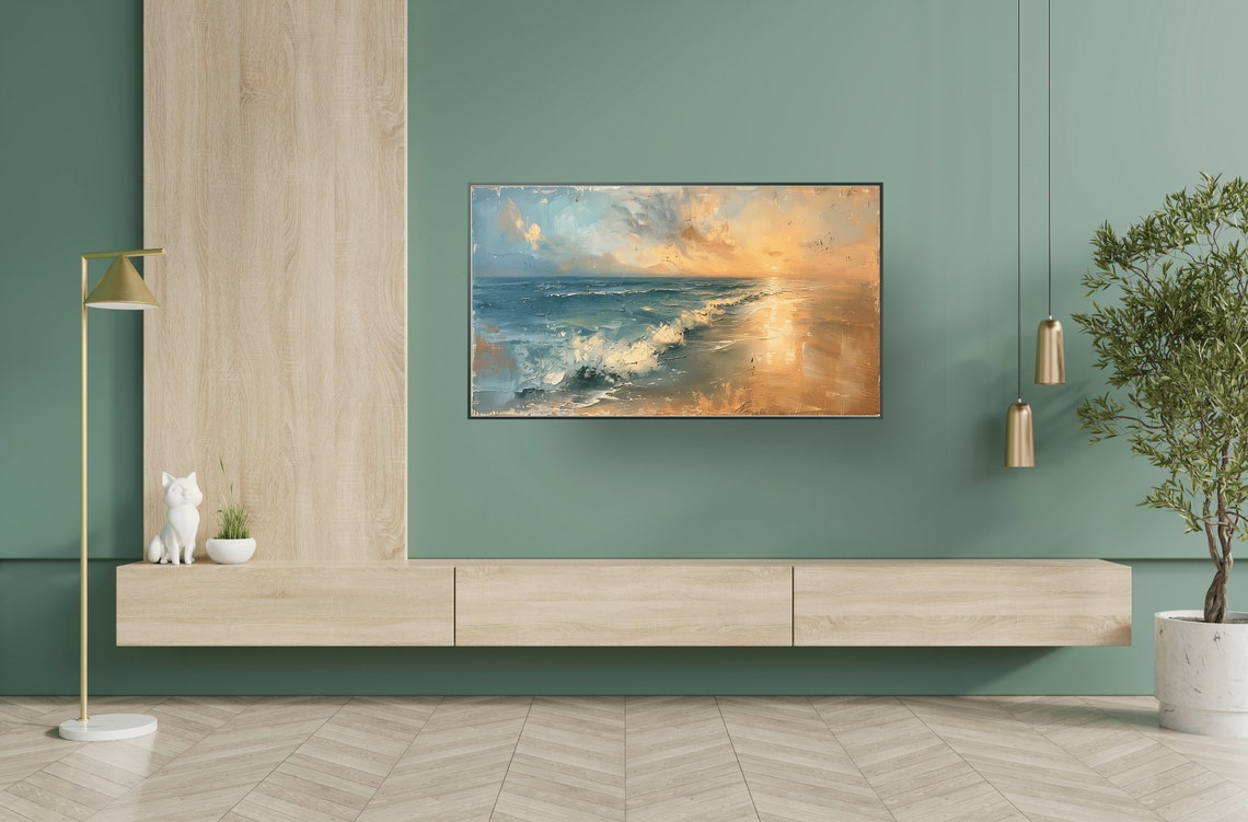 Ocean Sunset Waves Golden Impressionist Coastal Beach Wall Art - Image 2
