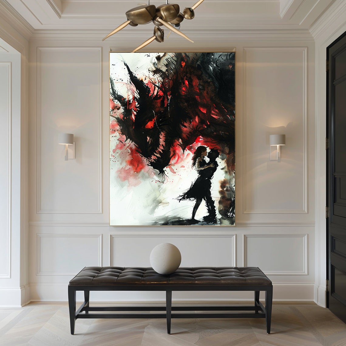 Couple Dancing Beneath A Dragon Black Red Watercolor Art Poster - Image 2