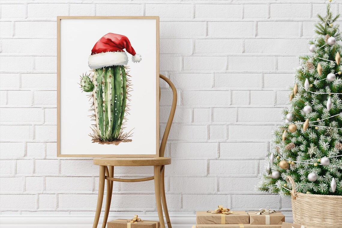 Christmas Cactus Watercolor Painting Santa Hat Holiday Cactus Wall Art - Image 2
