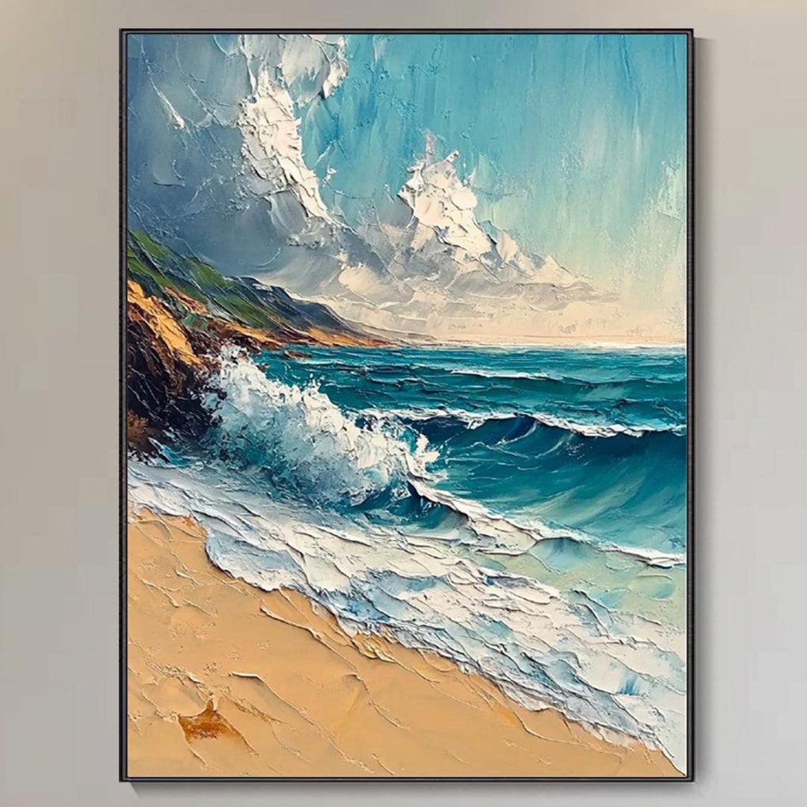 Sandy Beach Ocean Waves Crashing Cliffs Turquoise Seascape Art Poster