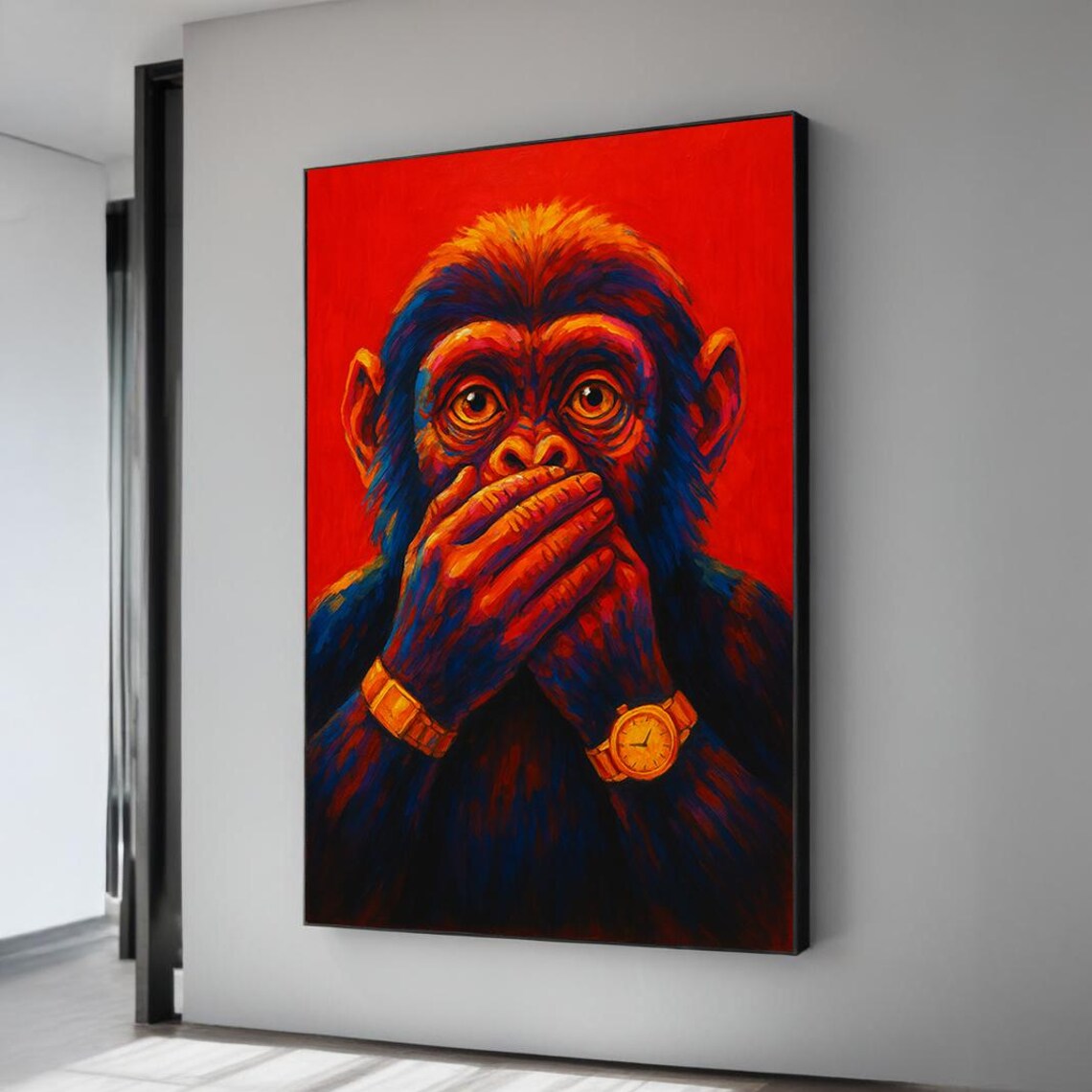 Monkey Covering Mouth Pop Art Vibrant Red Blue Colorful Animal Print