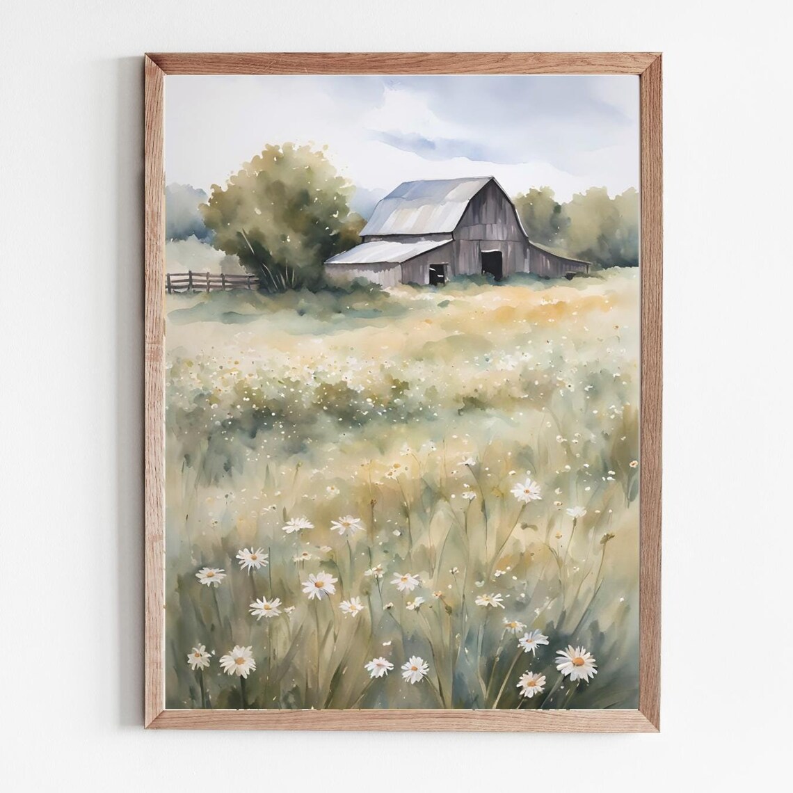 Old Barn Painting Daisy Field Watercolor Art Print