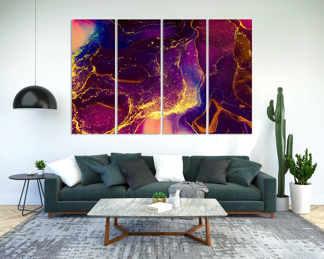 Purple Gold Fluid Acrylic Art Ink Marble Swirls Cosmic Abstract Poster - Image 3