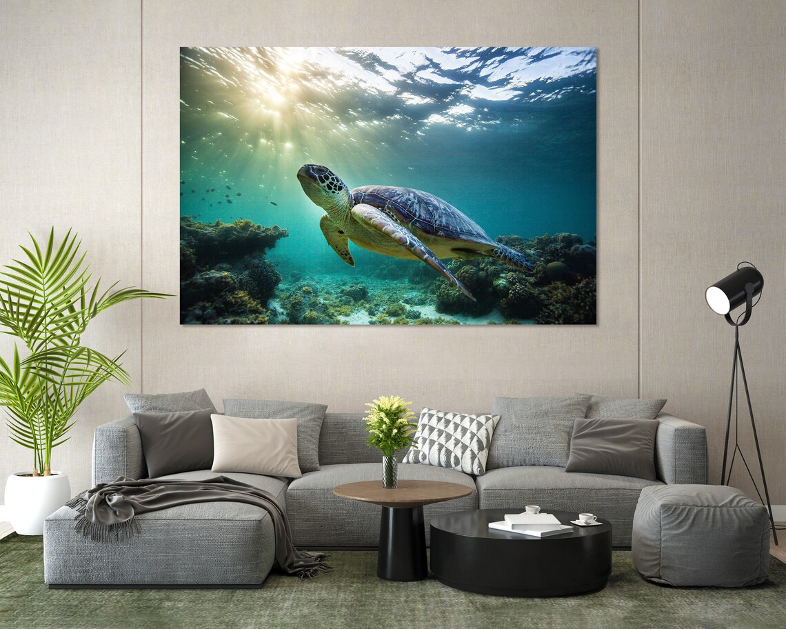 Green Sea Turtle Swimming Underwater Sun Rays Coral Reef Poster - Image 3