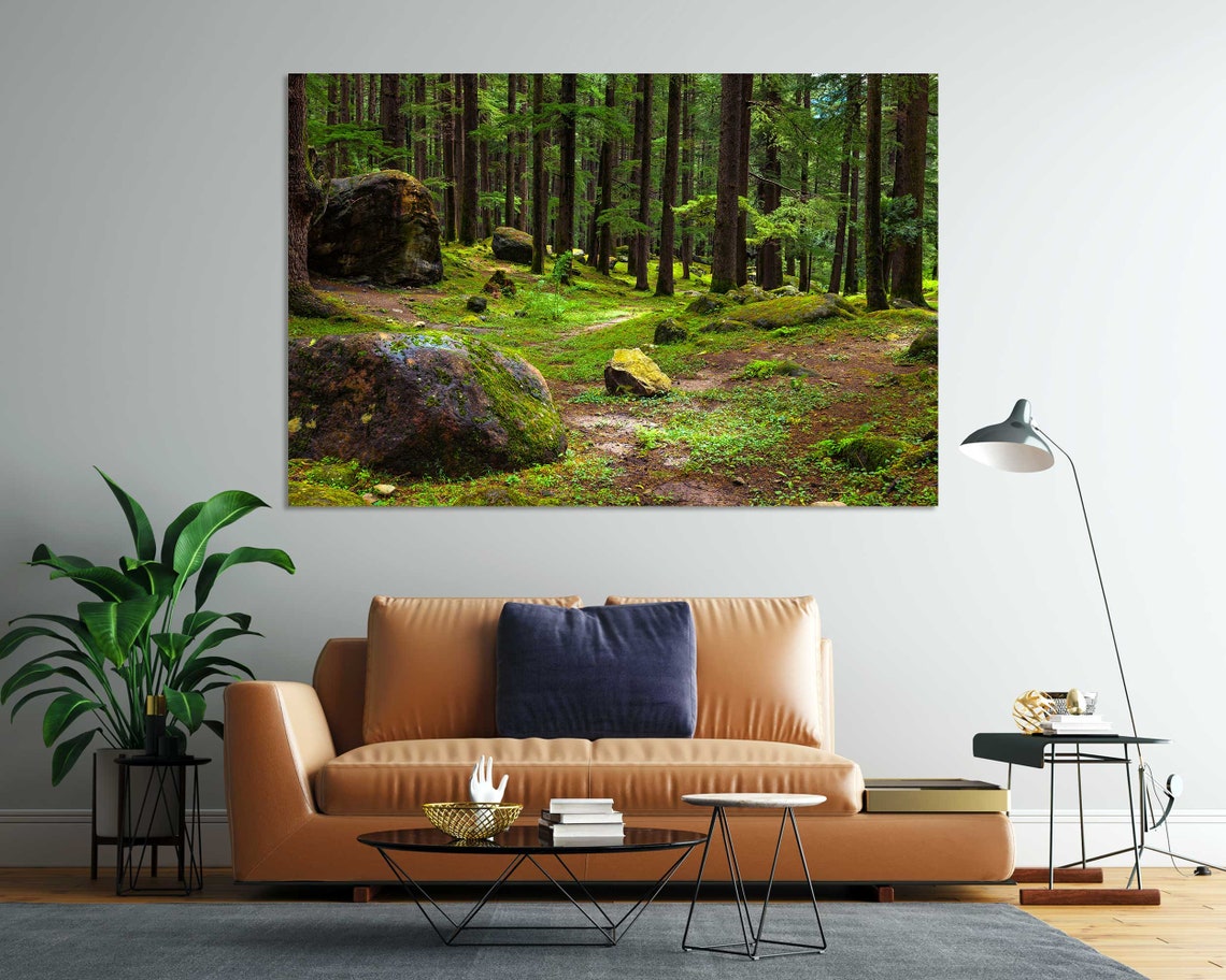 Mossy Pine Forest With Boulders Triptych Three Panel Nature Wall Art - Image 8
