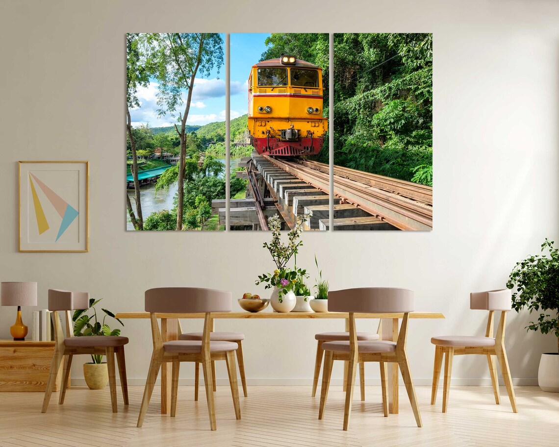 Yellow Train Crossing Wooden Trestle Bridge Jungle River Travel Print - Image 6