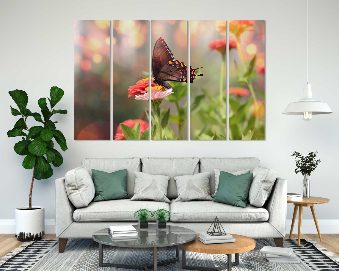 Dark Brown Butterfly On Pink Zinnia Flowers Bokeh Garden Wall Art - Image 7