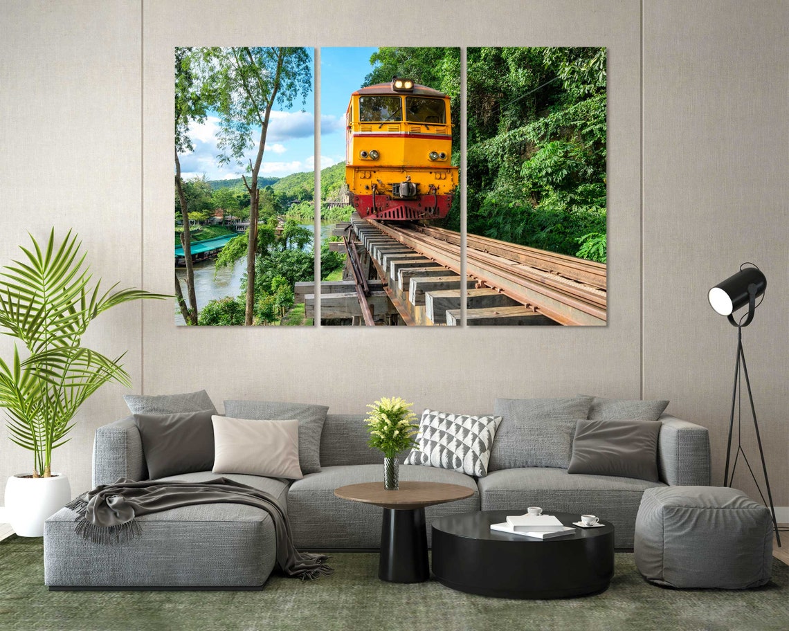 Yellow Train Crossing Wooden Trestle Bridge Jungle River Travel Print - Image 8