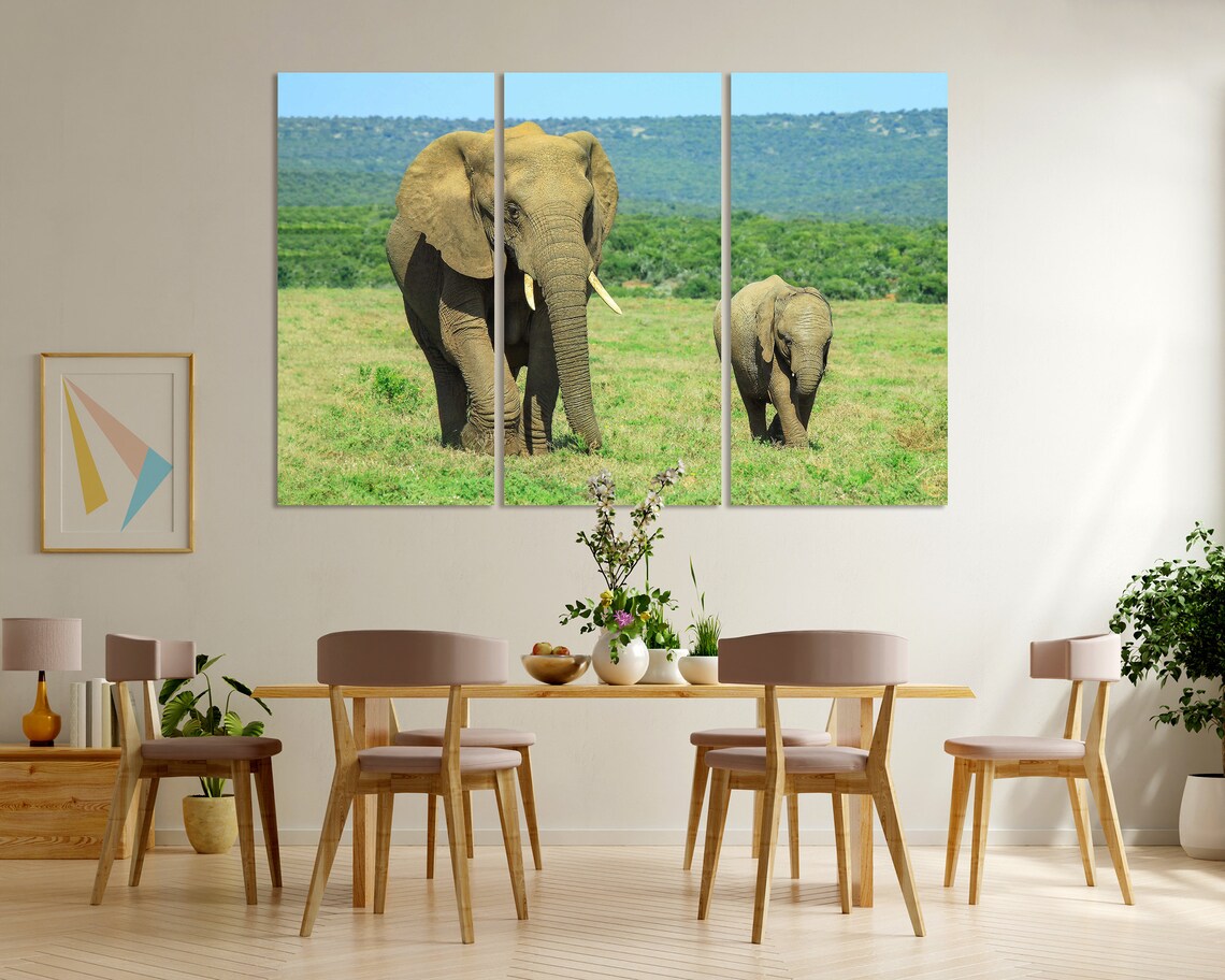 African Elephant Mother Calf Green Savanna Wildlife Safari Wall Decor Poster - Image 6