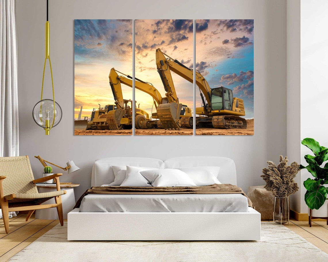 Yellow Excavators Construction Site Sunset Machinery Office Poster - Image 6