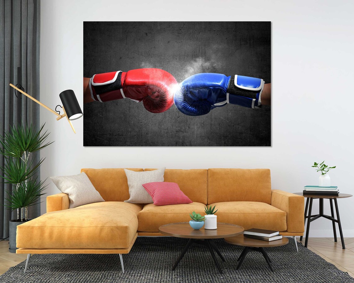 Red Blue Boxing Gloves Fist Bump Clash Motivational Sports Poster - Image 3