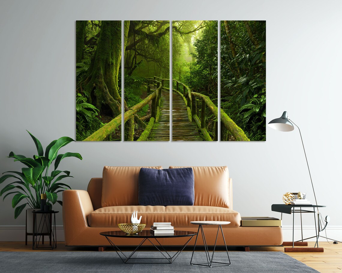 Tropical Green Jungle Forest With Mossy Wooden Bridge Art Print - Image 7