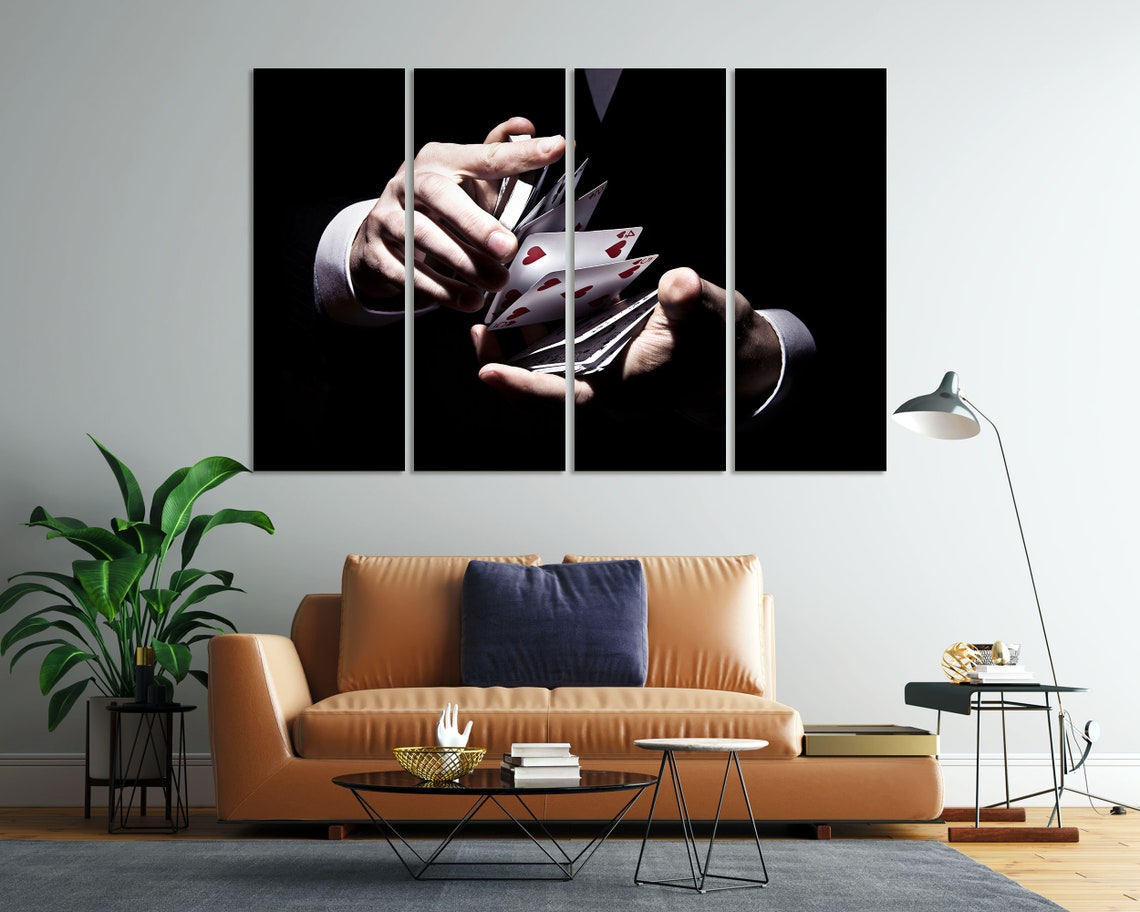 Magician Hands Shuffling Playing Cards Black Three Panel Poster - Image 7
