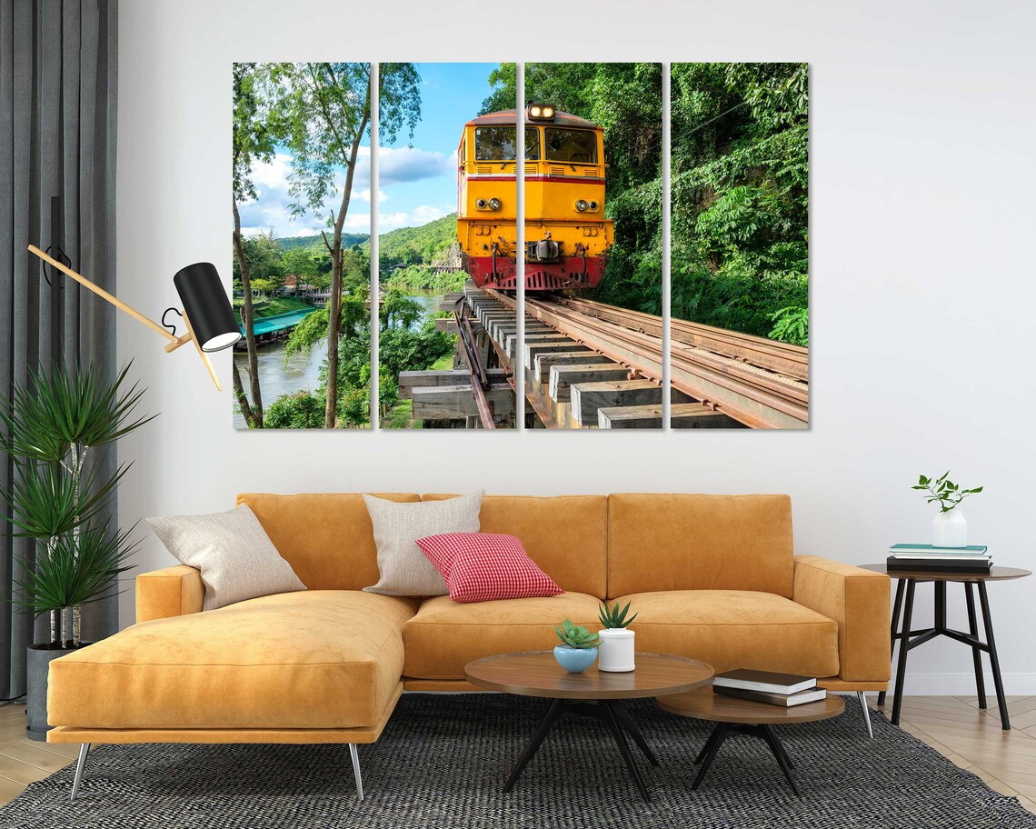 Yellow Train Crossing Wooden Trestle Bridge Jungle River Travel Print - Image 5
