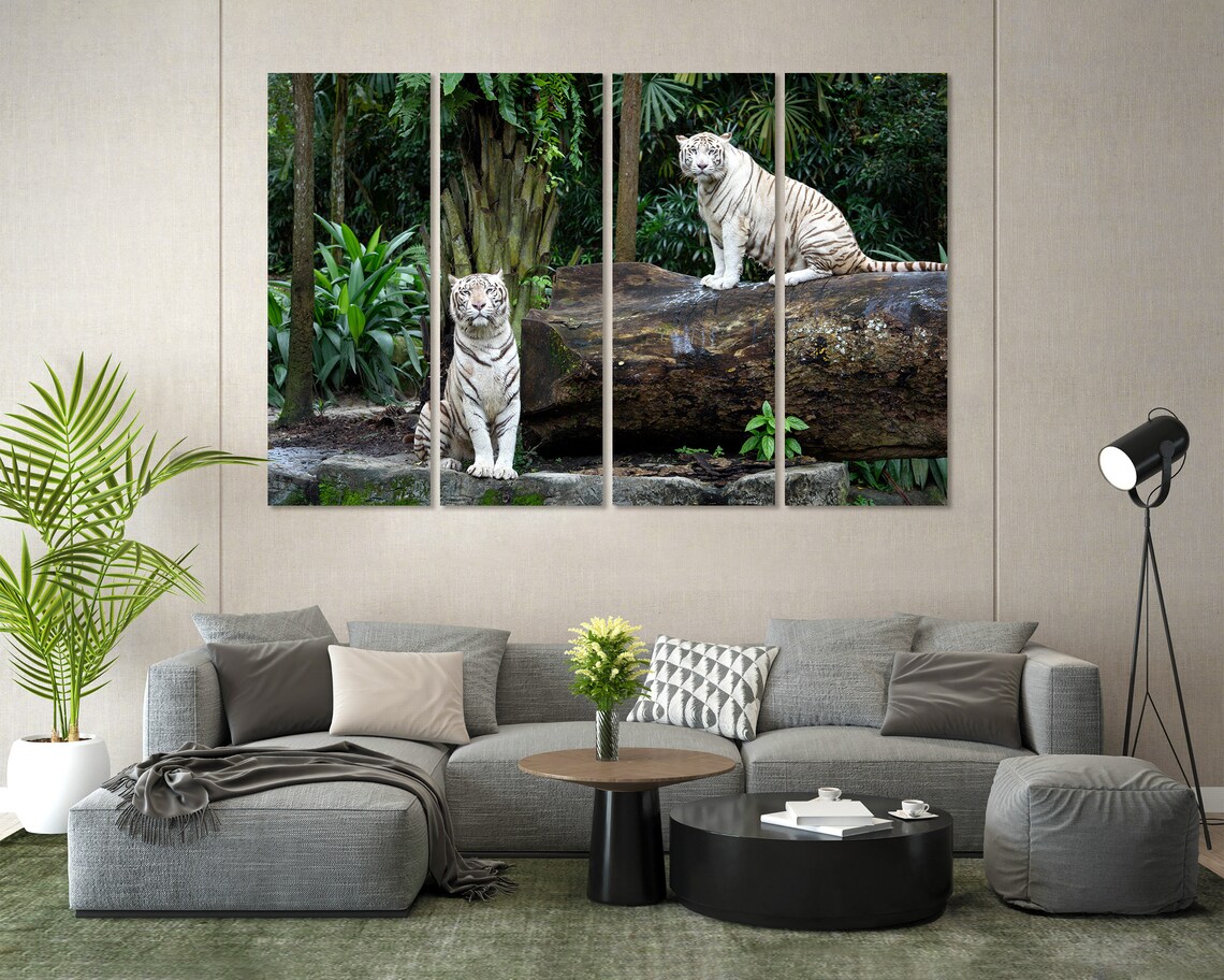 White Bengal Tigers Jungle Rocks Wildlife Photography Wall Decor Poster - Image 2