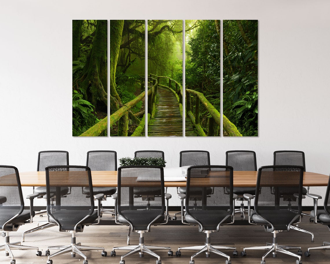 Tropical Green Jungle Forest With Mossy Wooden Bridge Art Print - Image 4