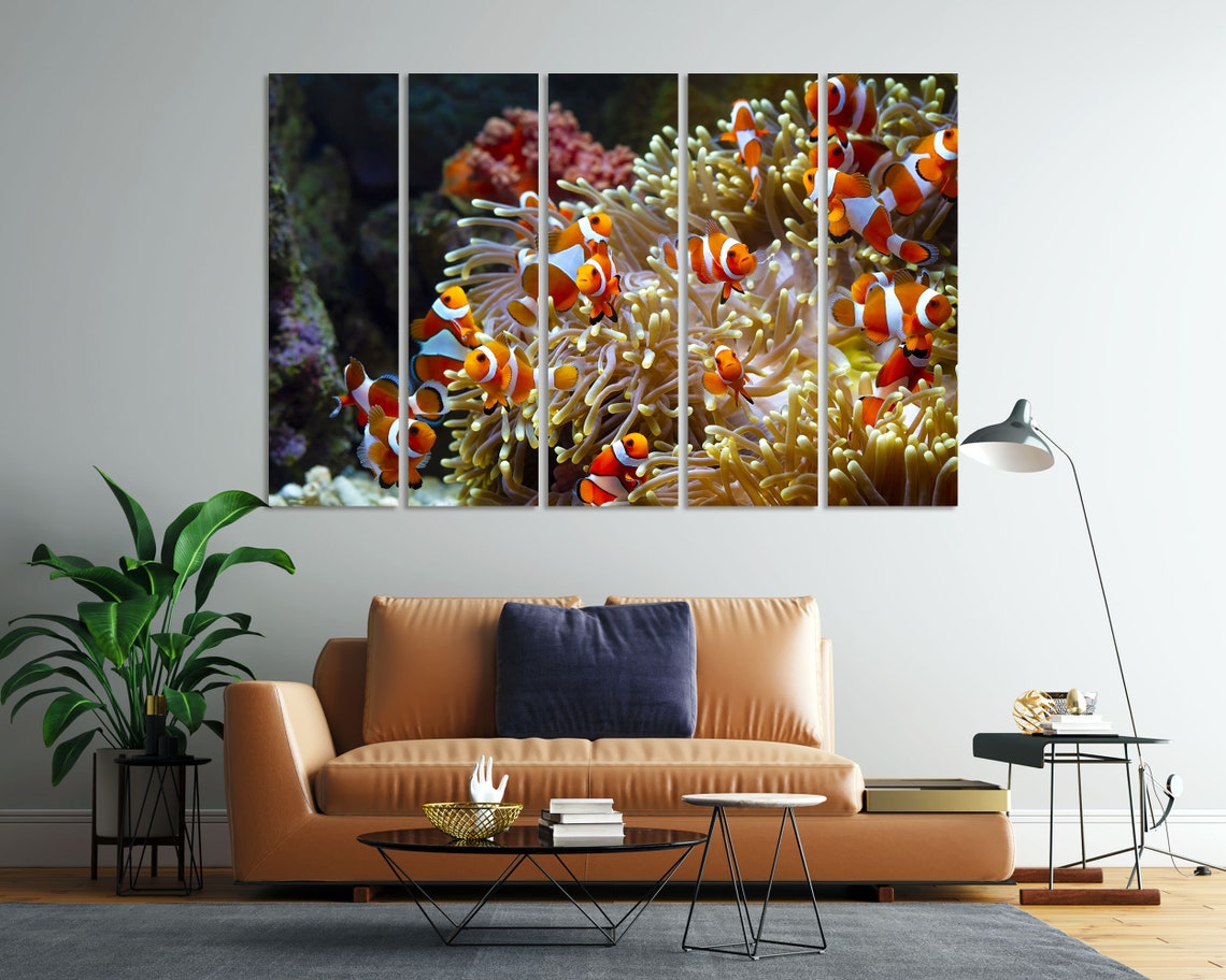 Clownfish Swimming in Sea Anemone Colorful Coral Reef Wall Art Print - Image 5
