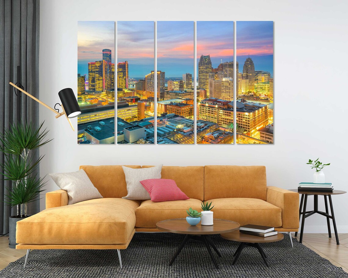 Downtown Detroit Skyline Dusk Riverfront City Lights Travel Poster - Image 5