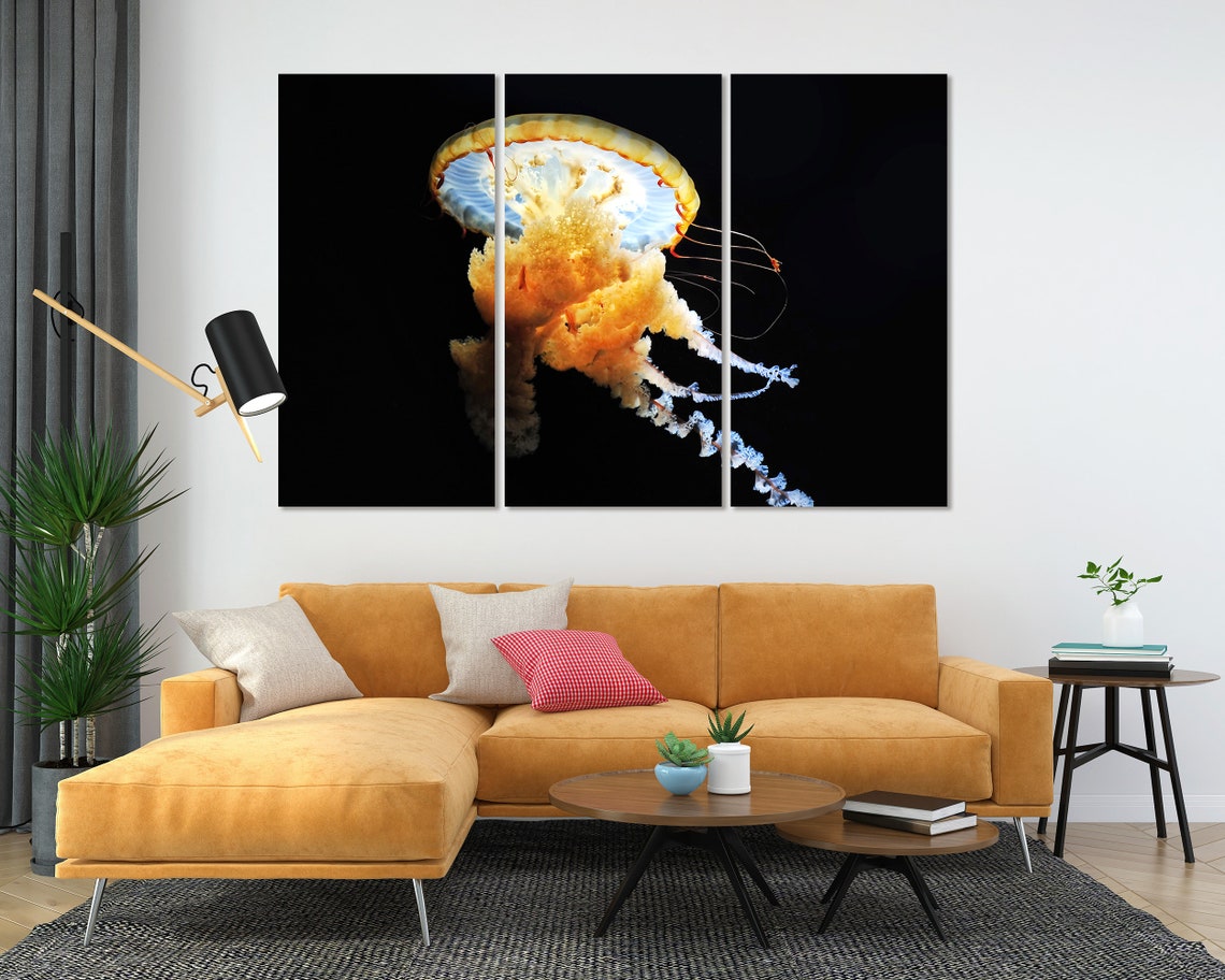 Glowing Golden Jellyfish Black Background Dramatic Ocean Poster - Image 5