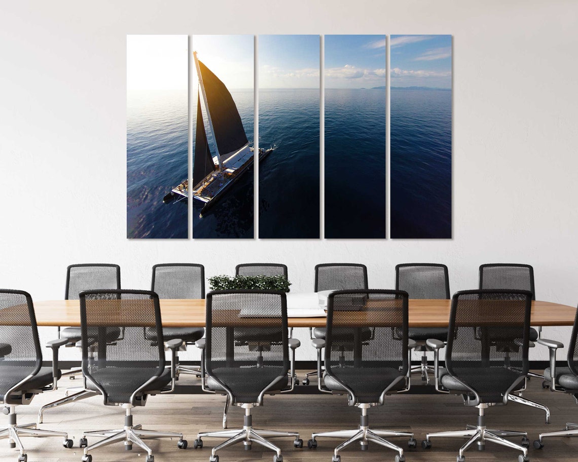 Sailboat With Black Sails Aerial View Calm Blue Ocean Sunset Poster - Image 4