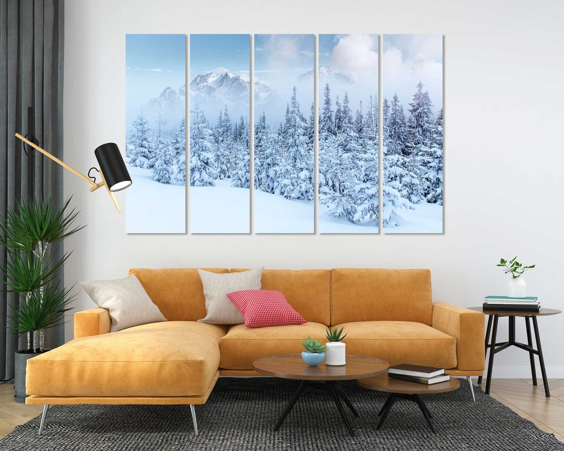 Snowy Mountain Forest Winter Landscape Blue 3 Panel Split Poster - Image 5