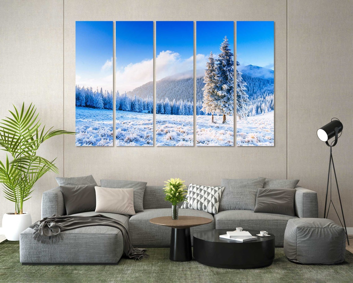Snowy Winter Mountain Valley with Frosted Pines Blue Sky View Poster - Image 2
