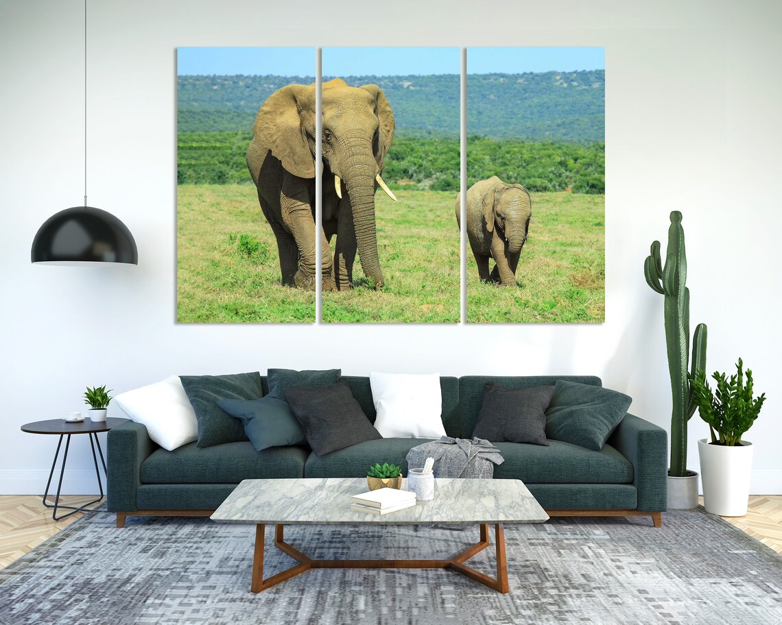 African Elephant Mother Calf Green Savanna Wildlife Safari Wall Decor Poster - Image 2